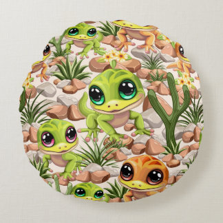 Baby Geckos Cute Cartoon Characters Round Pillow