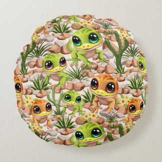 Baby Geckos Cute Cartoon Characters Round Pillow