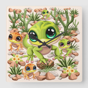 Baby Geckos Cute Cartoon Characters Square Wall Clock