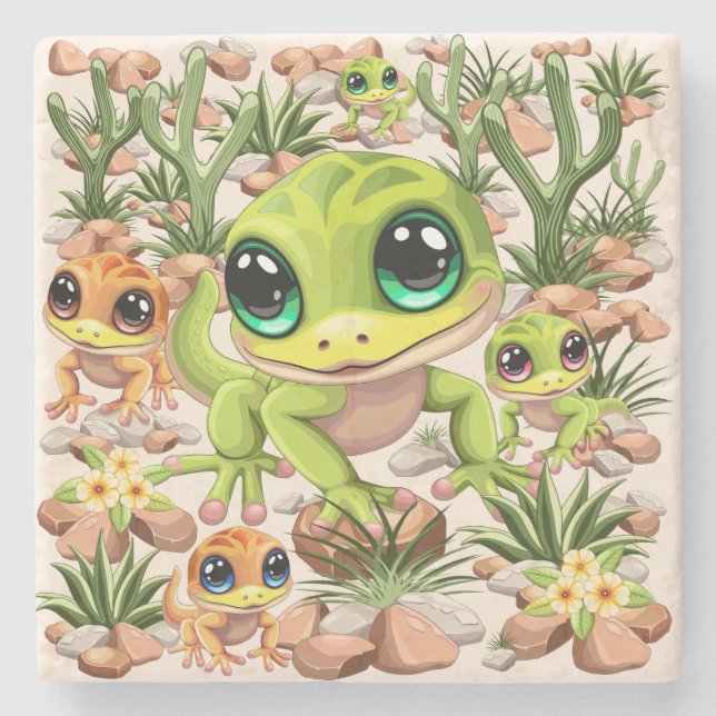 Baby Geckos Cute Cartoon Characters Stone Coaster (Front)