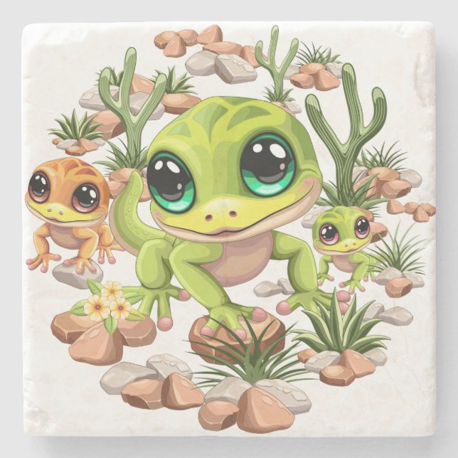 Baby Geckos Cute Cartoon Characters Stone Coaster (Front)