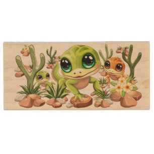 Baby Geckos Cute Cartoon Characters Wood Flash Drive