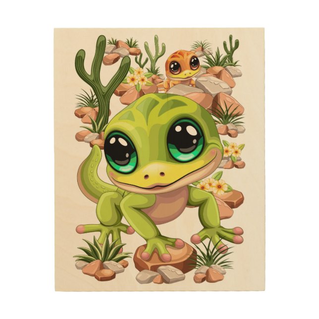 Baby Geckos Cute Cartoon Characters Wood Wall Art (Front)