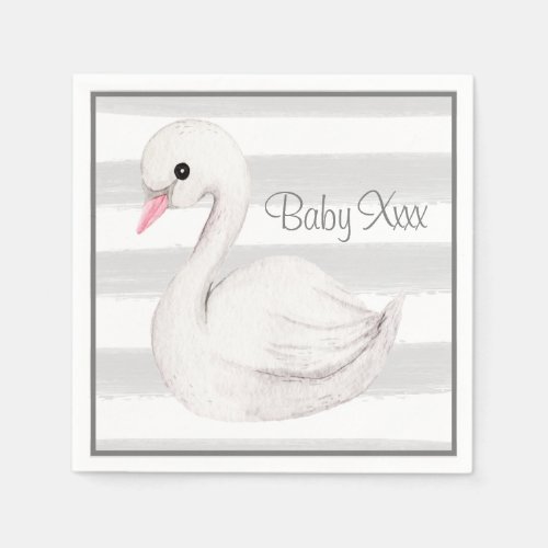 Baby Gender Neutral Swan Grey Script Baby Shower Napkins