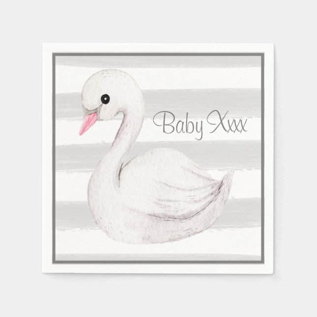 Baby Gender Neutral Swan Grey Script Baby Shower Napkins (Front)