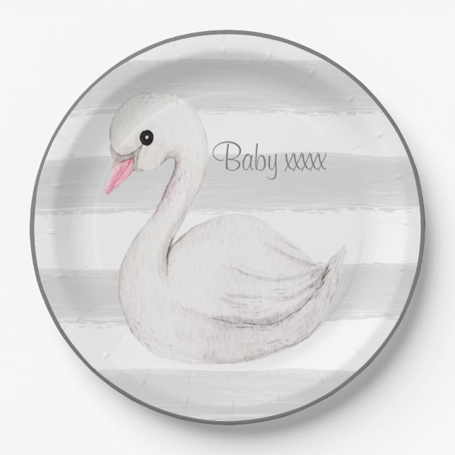 Baby Gender Neutral Swan Grey Script Baby Shower Paper Plates (Front)
