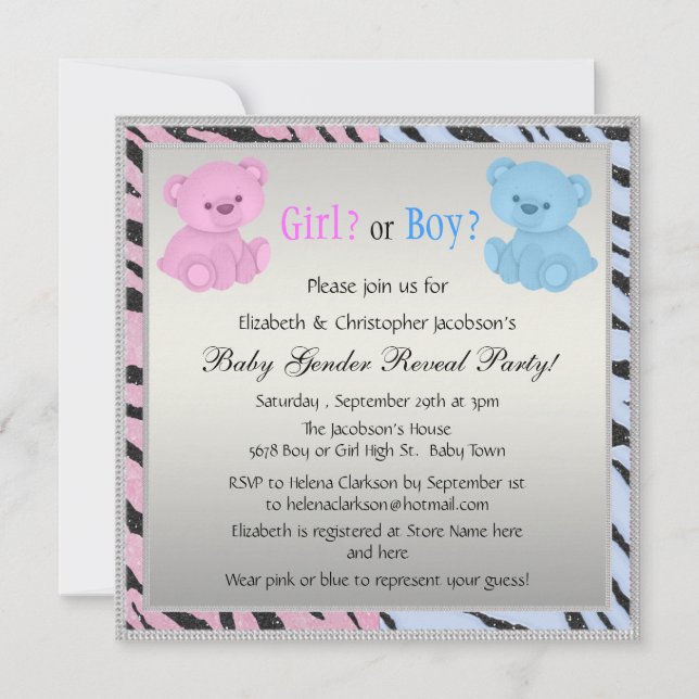 Baby Gender Reveal Animal Print & Bears Invitation (Front)