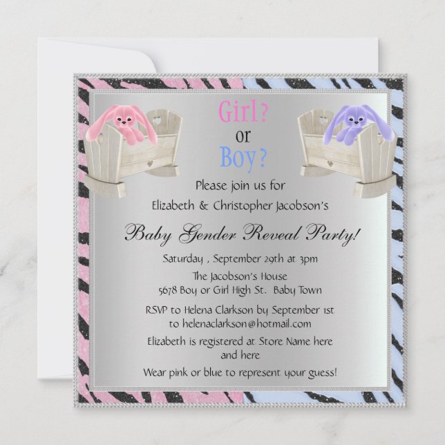Baby Gender Reveal Animal Print, Bunnies & Cribs Invitation (Front)
