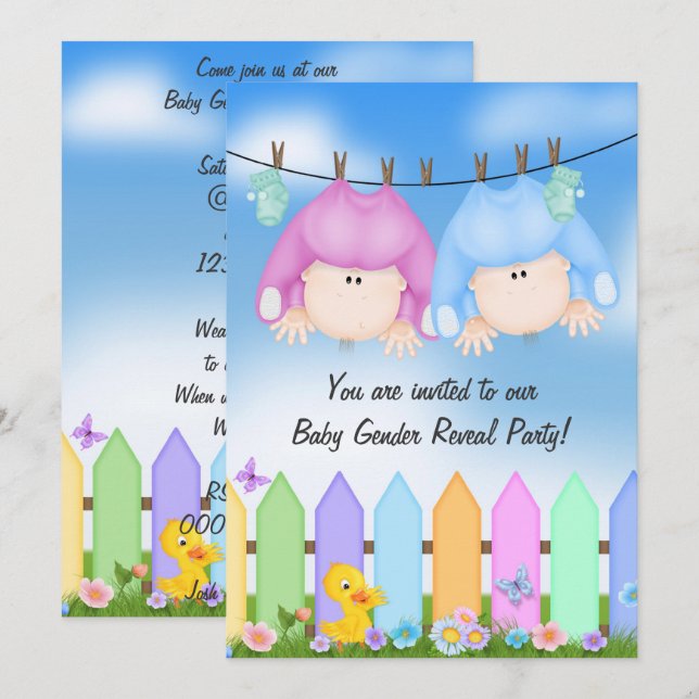 Baby Gender Reveal- babies on clothesline Invitation (Front/Back)