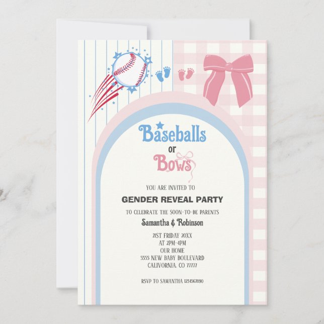 Baby gender reveal Baseballs or Bows Invitation (Front)