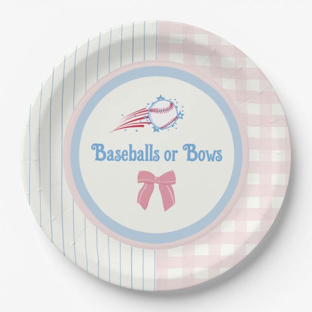 Baby gender reveal Baseballs or Bows Paper Plates (Front)