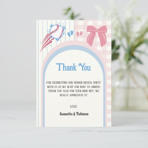 Baby gender reveal Baseballs or Bows Thank You Card