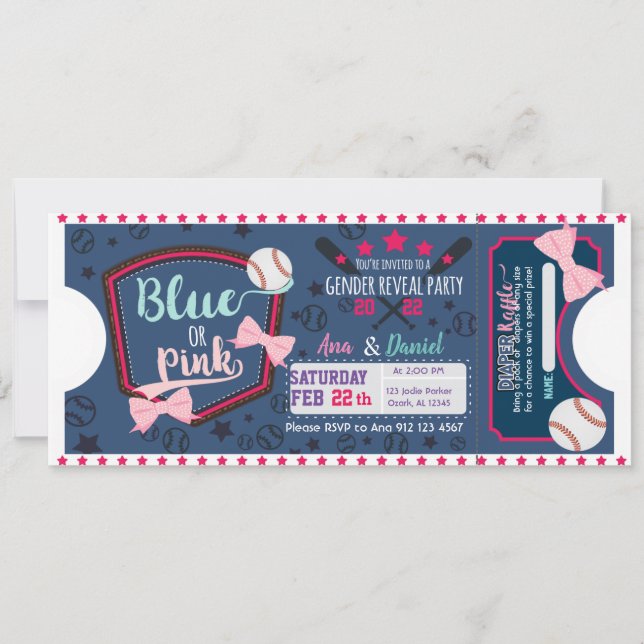 Baby gender reveal blue or pink diaper raffle invitation (Front)