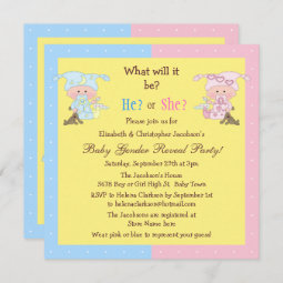 Baby Gender Reveal Cute Babies & Bunnies Invitation Zazzle