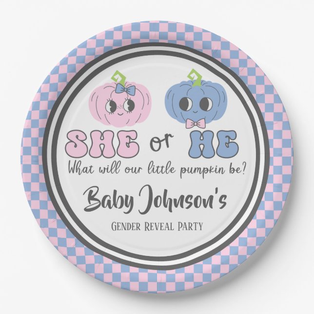 Baby Gender Reveal - Cute Groovy Pumpkins Paper Plates (Front)