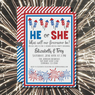 Baby Gender Reveal - Firecracker 4th of July Invitation