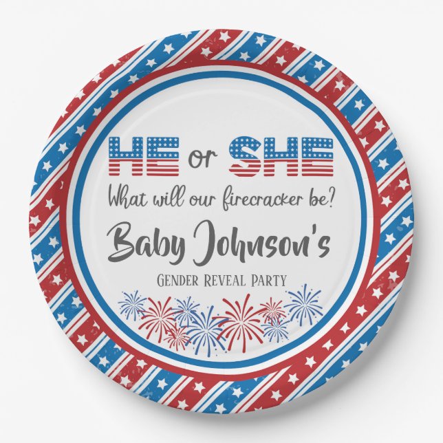 Baby Gender Reveal - Firecracker 4th of July Paper Plates (Front)