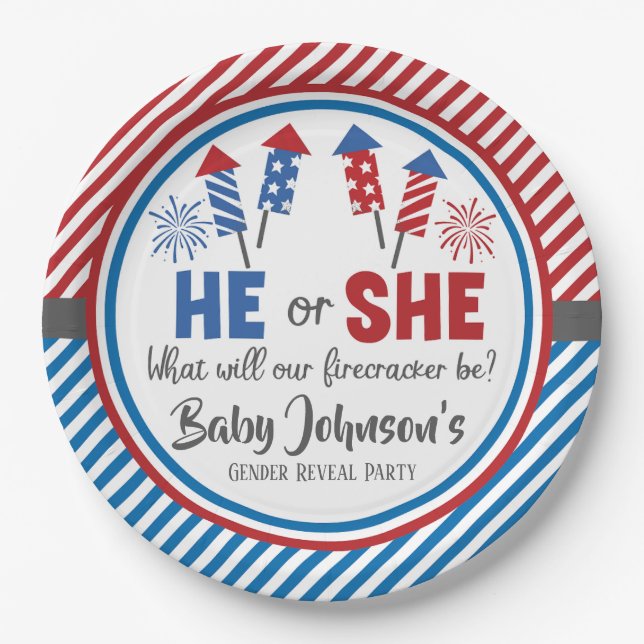 Baby Gender Reveal - Firecracker 4th of July Paper Plates (Front)