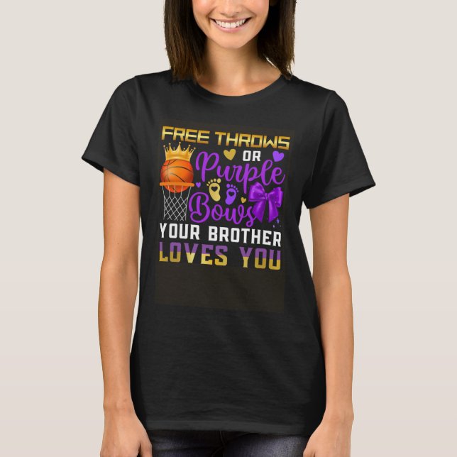 Baby Gender Reveal Free Throws or Purple Bows Brot T-Shirt (Front)