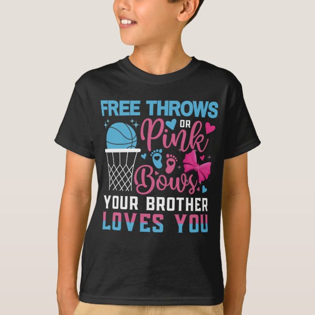 Baby Gender Reveal Free Throws Pink Bows Brother T-Shirt (Front)