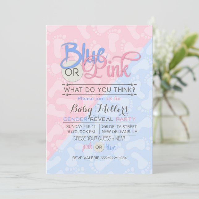 blue and pink dress gender reveal Editable Pink and Blue Baby Clothes Gender Reveal Invitation Template main image 0