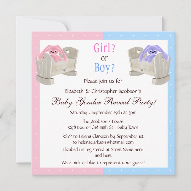 Baby Gender Reveal Pink & Blue Bunnies & Cribs Invitation (Front)