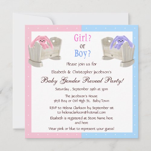 Baby Gender Reveal Pink &amp; Blue Bunnies &amp; Cribs Custom Invites