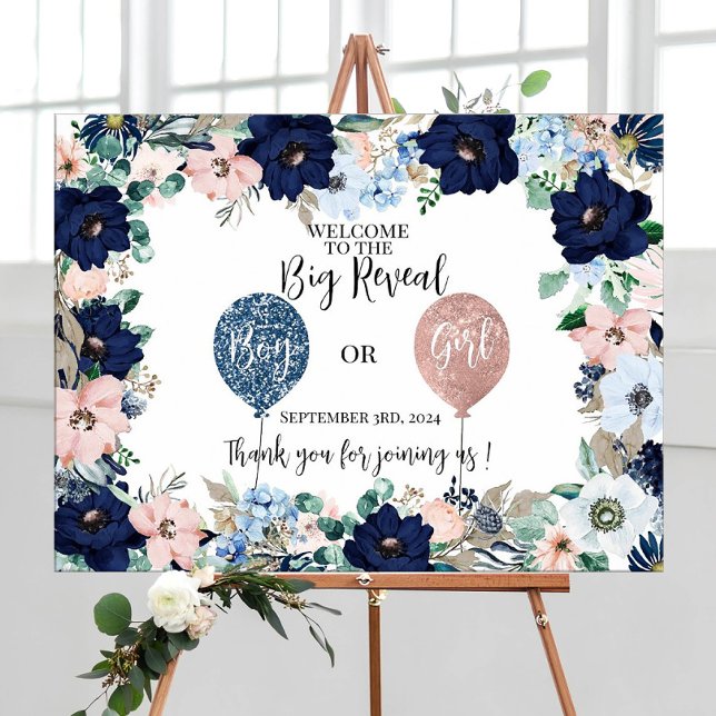 Baby gender reveal pink blue flowers party sign (Creator Uploaded)