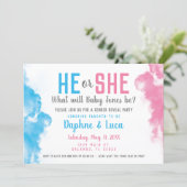 Baby Gender Reveal Smoke Bomb Blue and Pink Party Invitation (Standing Front)