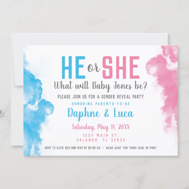 Baby Gender Reveal Smoke Bomb Blue and Pink Party Invitation (Front)