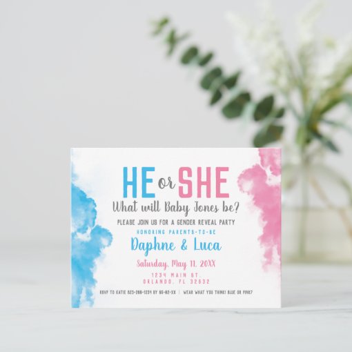 Baby Gender Reveal Smoke Bomb Blue and Pink Party Postcard | Zazzle