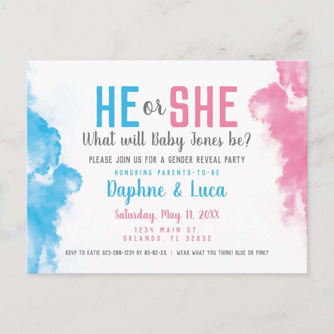 Baby Gender Reveal Smoke Bomb Blue and Pink Party Postcard | Zazzle