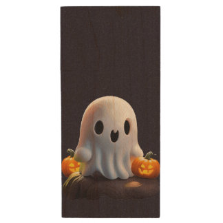 Baby Ghost Creepy Cute Halloween Character Wood Flash Drive