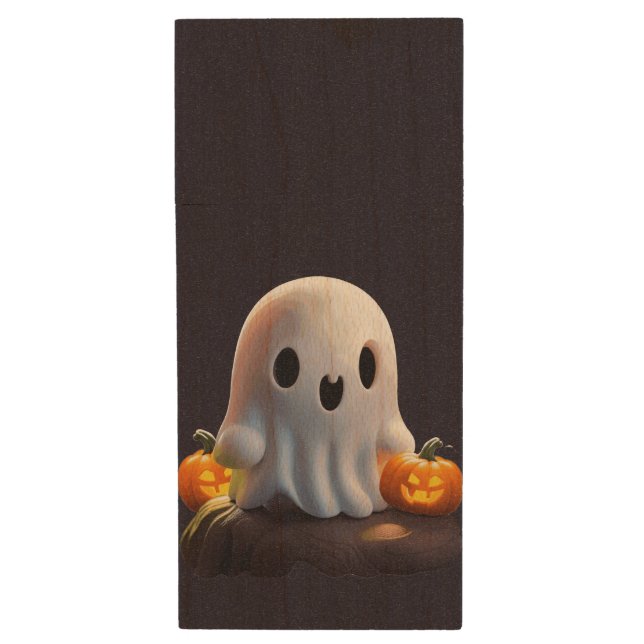 Baby Ghost Creepy Cute Halloween Character Wood Flash Drive (Front Vertical)