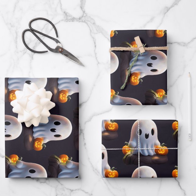 Baby Ghost Creepy Cute Halloween Character Wrapping Paper Sheets (Front)