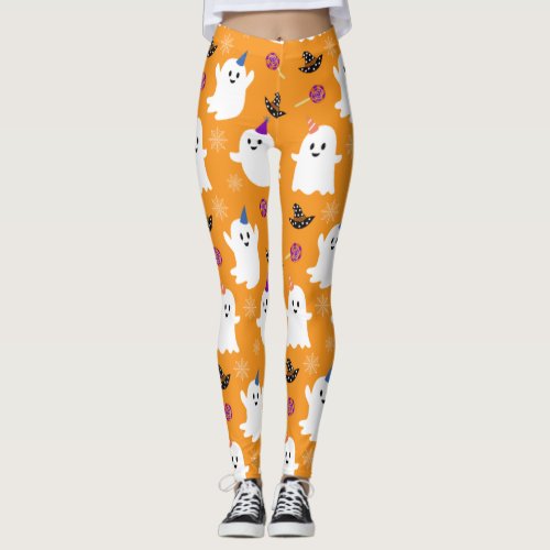 Baby Ghost Pattern Orange Halloween Party Leggings