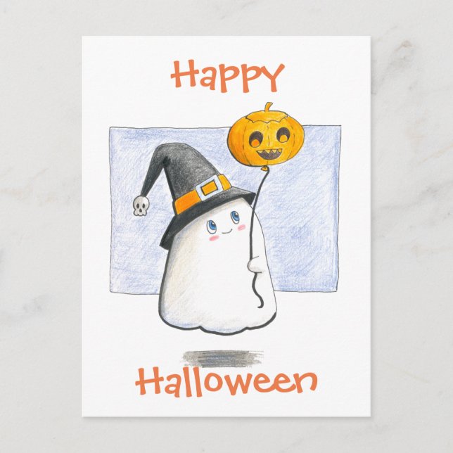 Baby Ghost With A Balloon// Happy Halloween Holiday Postcard (Front)