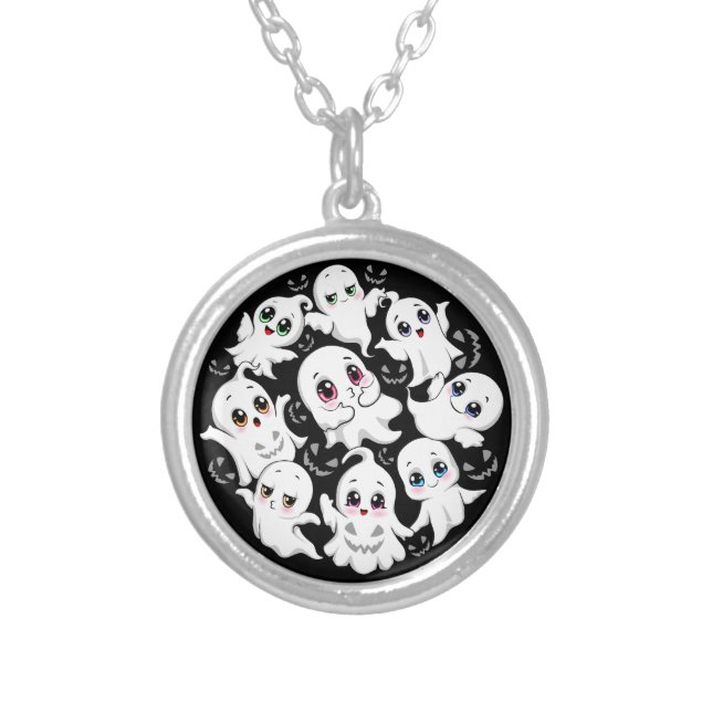 Baby Ghosts Spooky Cute Halloween Mood Silver Plated Necklace (Front)