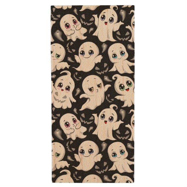 Baby Ghosts Spooky Cute Halloween Mood Wood Flash Drive (Front Vertical)