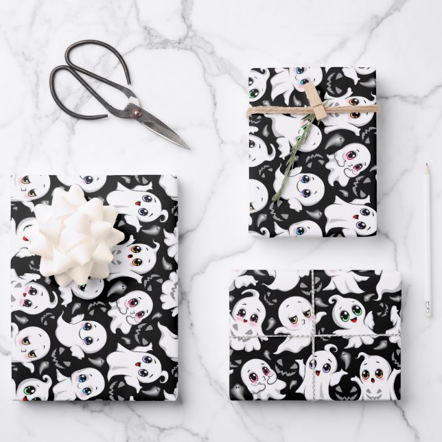 Baby Ghosts Spooky Cute Halloween Mood Wrapping Paper Sheets (Front)