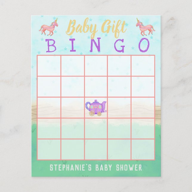 Baby Gift Bingo Cute Unicorn Tea Party Shower Flyer (Front)