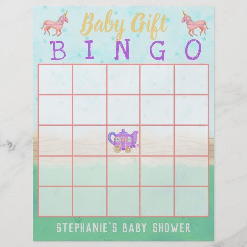 Baby Gift Bingo Cute Unicorn Tea Party Shower Flyer