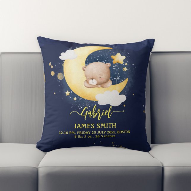 Baby gifts Sleeping teddy bear birth stats  Throw Pillow (Newborn Baby gifts cute Sleeping teddy bear birth stats Throw Pillow)