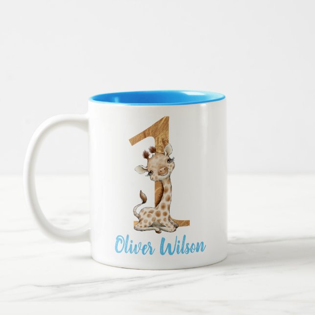 Baby Giraffe 1st Birthday Two-Tone Coffee Mug (Left)