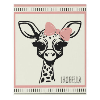 Baby Giraffe a Pink Bow and Personalized Name Faux Canvas Print