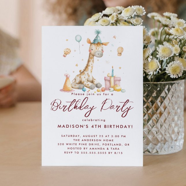 Baby Giraffe and Balloons Kids Birthday Party Invitation (Creator Uploaded)