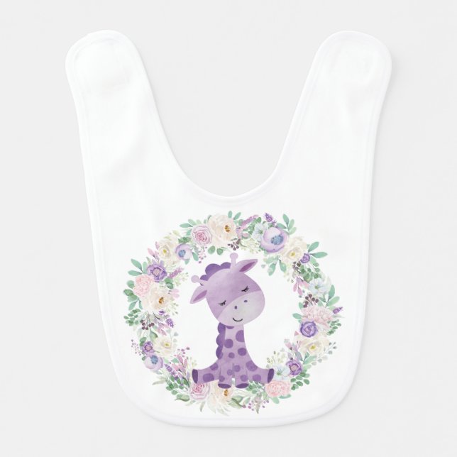 Baby Giraffe and Elephant (Two Sides) in Purple Bib (Front)