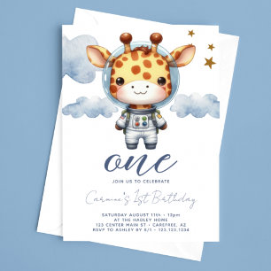 Baby Giraffe Astronaut 1st Birthday Invitation