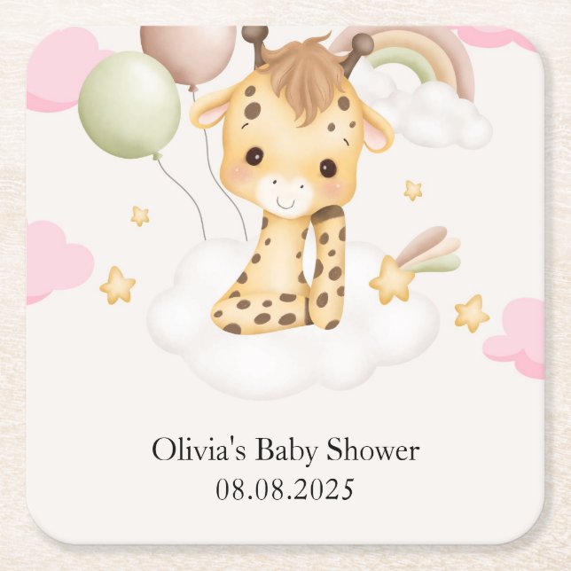 BABY GIRAFFE BABY SHOWER  SQUARE PAPER COASTER (Front)