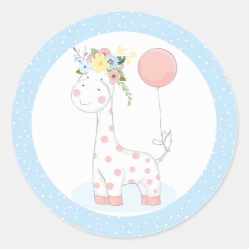 Baby Giraffe Balloon Floral Crown Pastel Blue Zoo  Classic Round Sticker